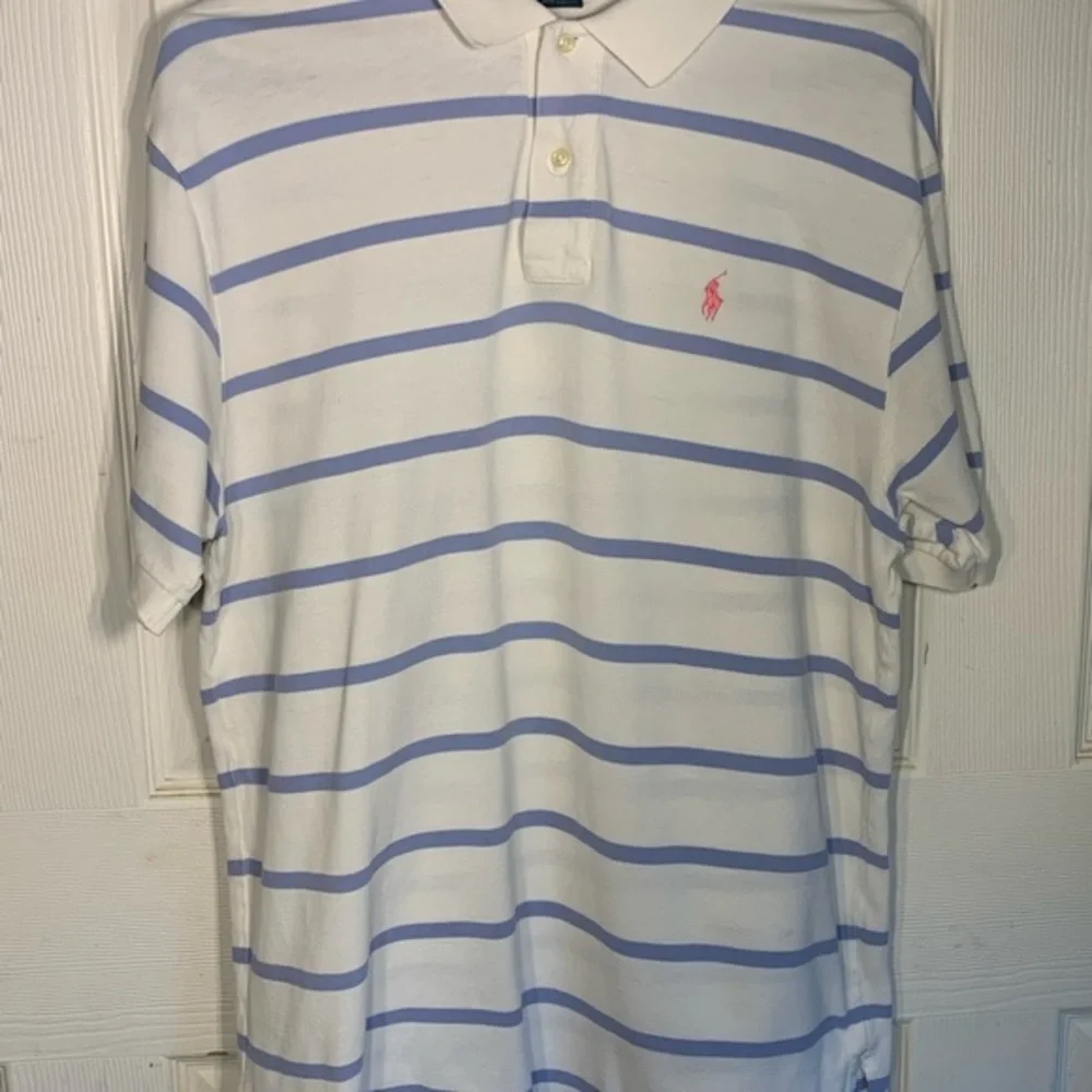 Men's Polo Ralph Lauren Large White Blue Striped  100% Cotton Short Sleeve Golf‎